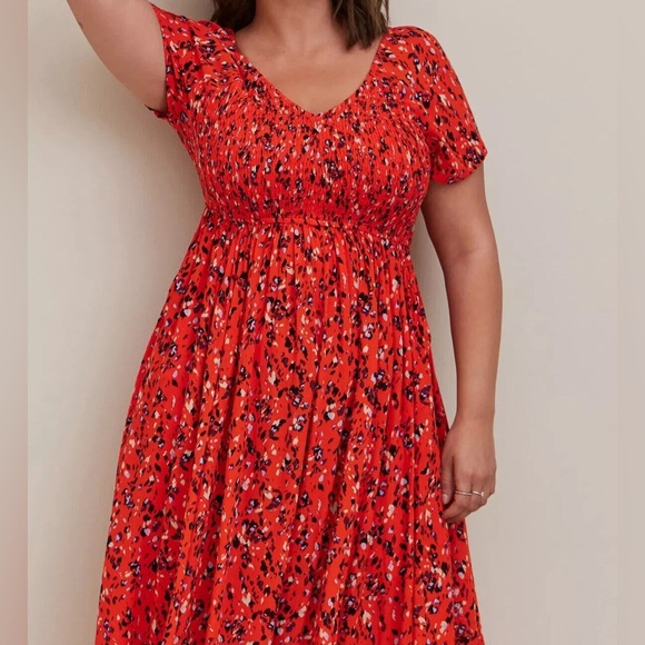 Torrid size XXL plus size Red Smocked flutter Sleeve Midi Cottage Animal Print - Picture 1 of 6